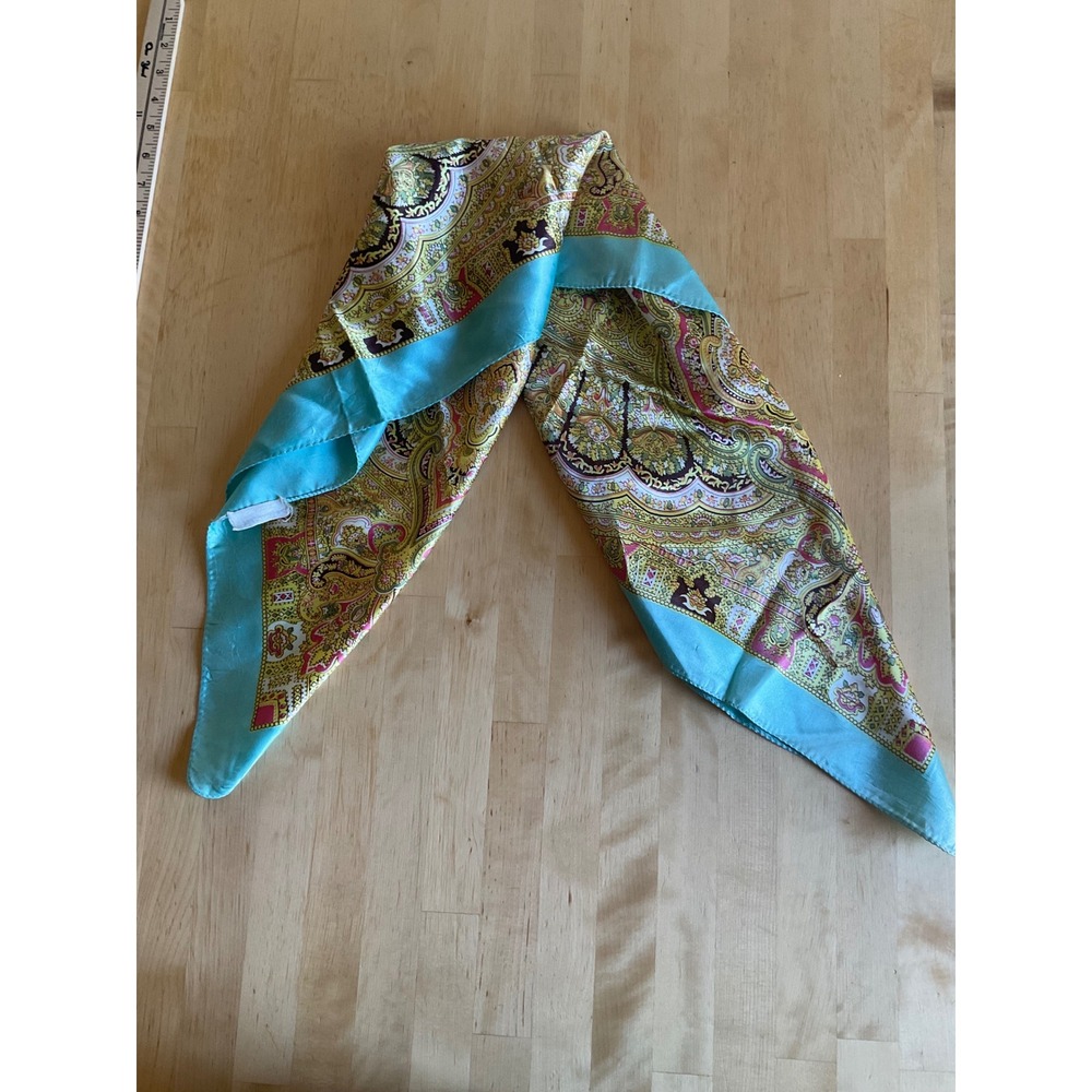 Vintage Paisley Square Scarf Turquoise Gold Magenta Floral Hand Rolled 31in